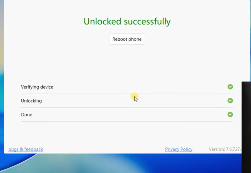 Mi Unlock Tool displaying the Unlocked successfully message