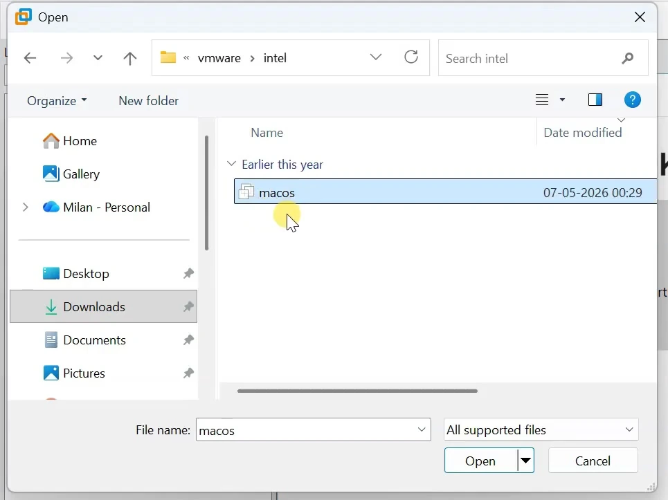 VMware Open dialog with the macos virtual machine selected in the Intel template folder