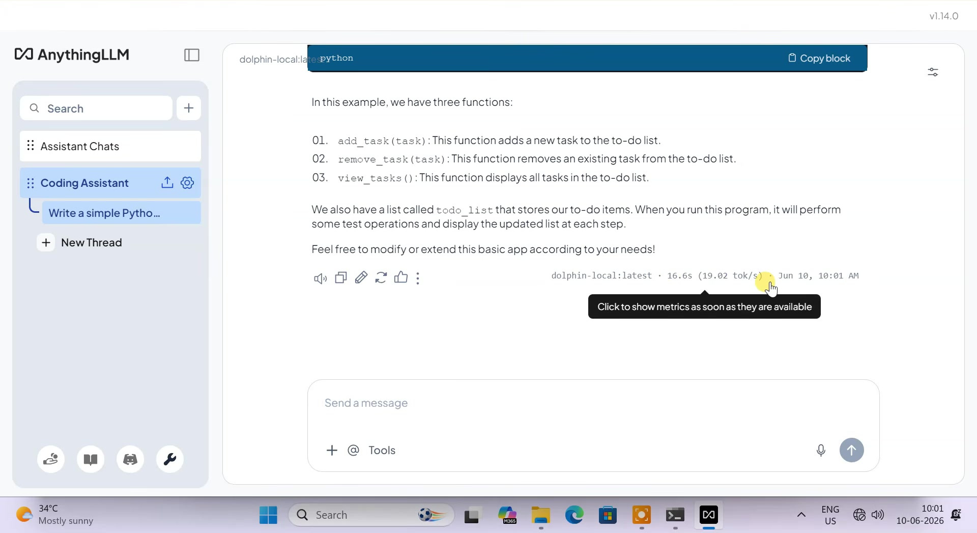 AnythingLLM showing a local AI response while Windows is offline