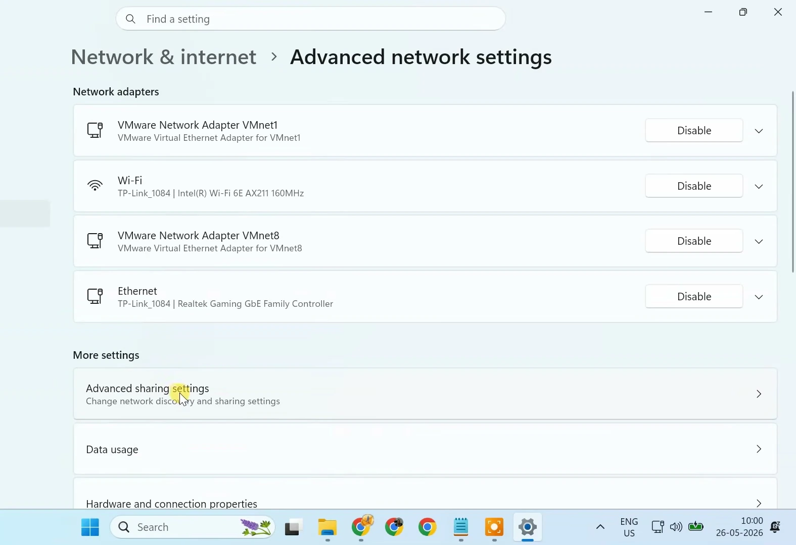 Windows 11 Advanced network settings page with the Advanced sharing settings option visible under More settings.