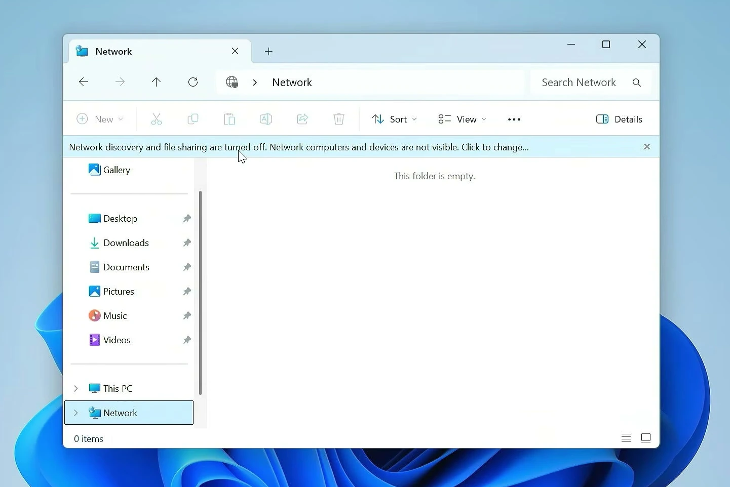 File Explorer Network view on the second PC with a banner saying network discovery and file sharing are turned off.
