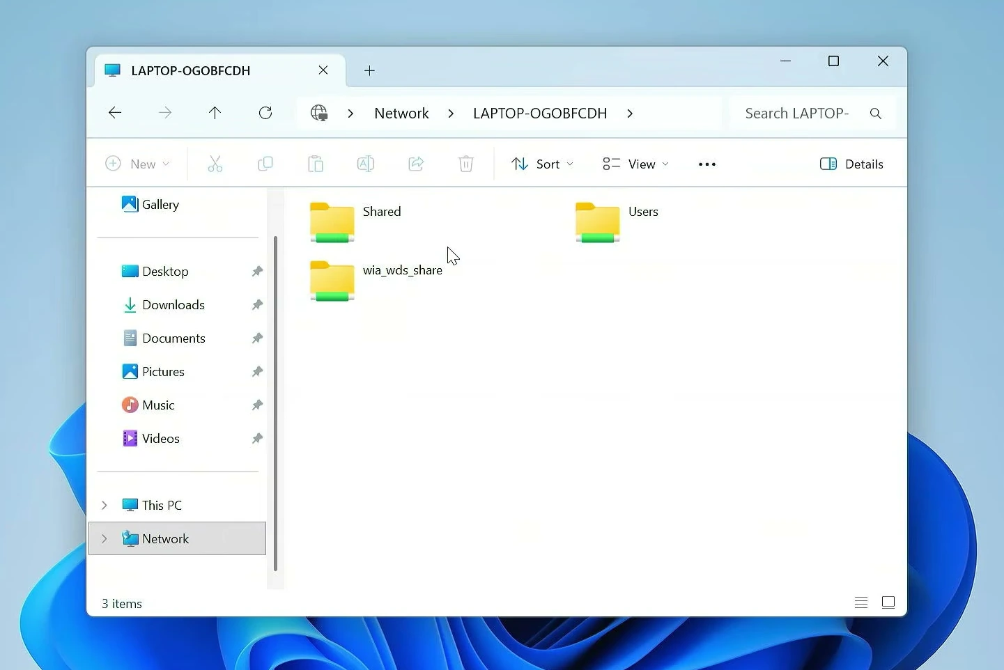 File Explorer connected to the remote computer LPTOP-OGOBFCDH, showing the Shared network folder.