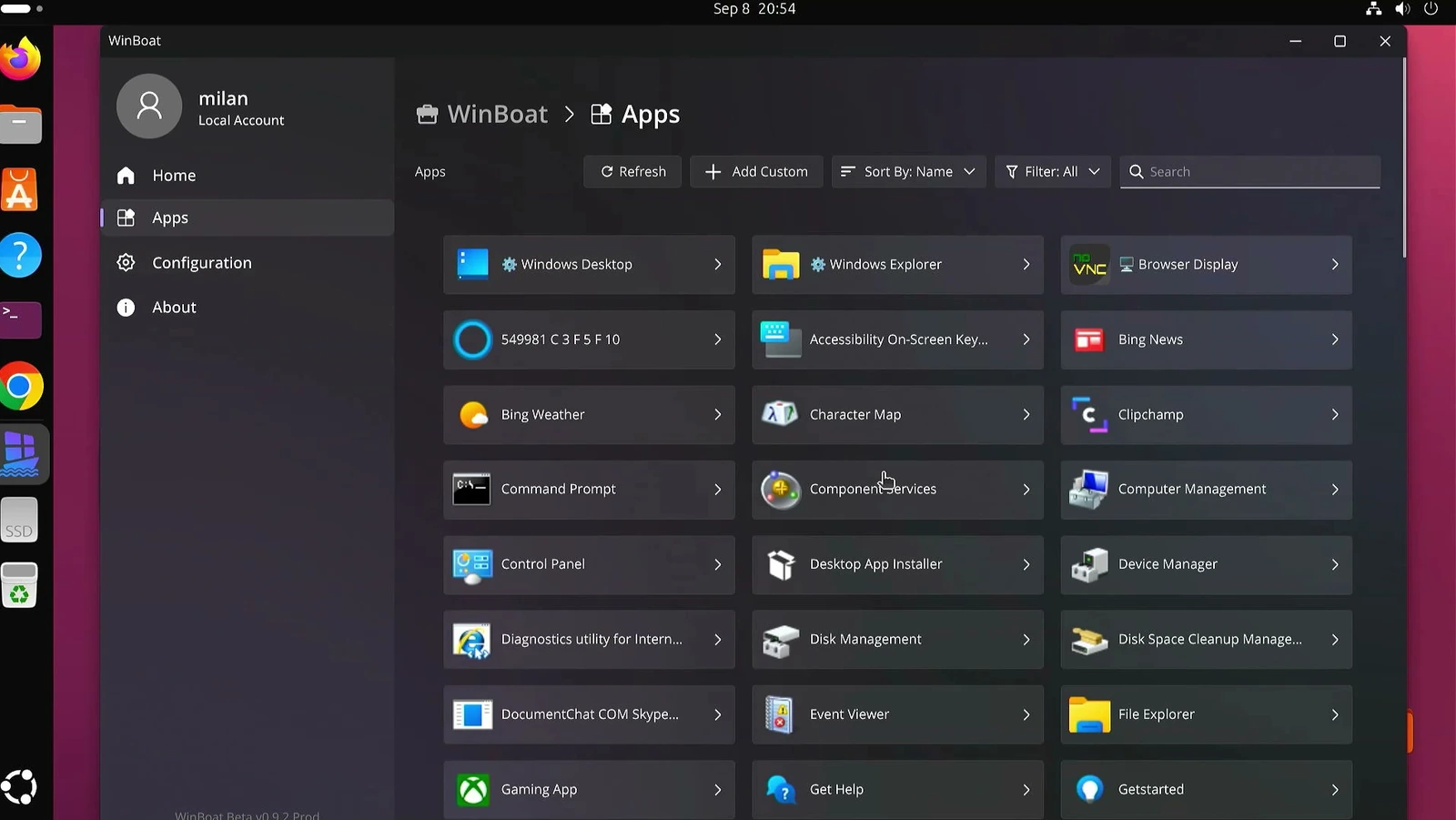 WinBoat Apps page listing detected Windows apps including Explorer and Command Prompt