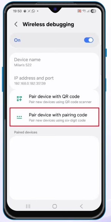 Pair device with pairing code option in Android Wireless debugging settings