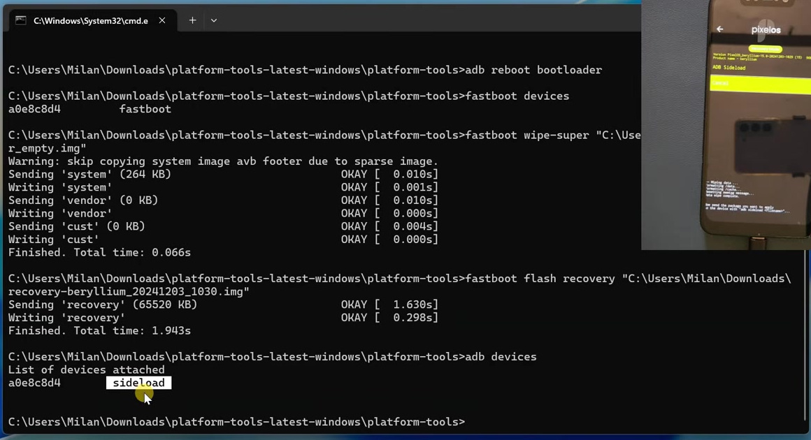 ADB devices showing the POCO F1 in sideload mode