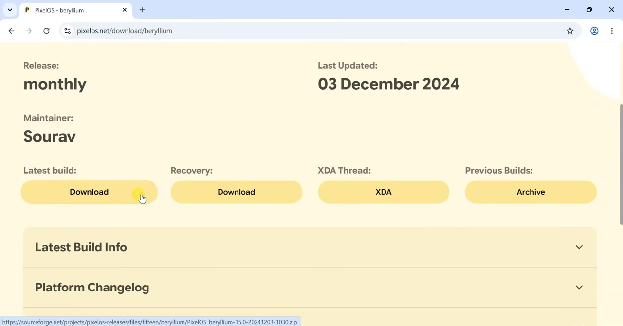 PixelOS beryllium page with ROM and recovery downloads