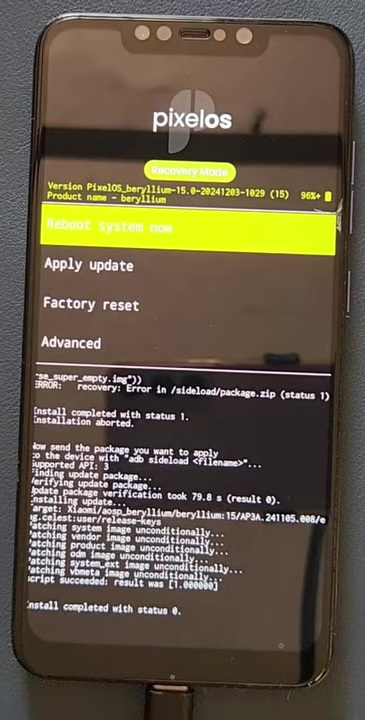 PixelOS installation completed with status code 0