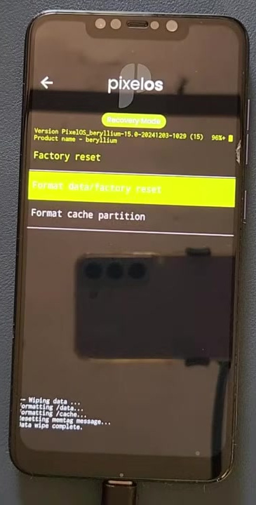PixelOS Recovery showing format data completed