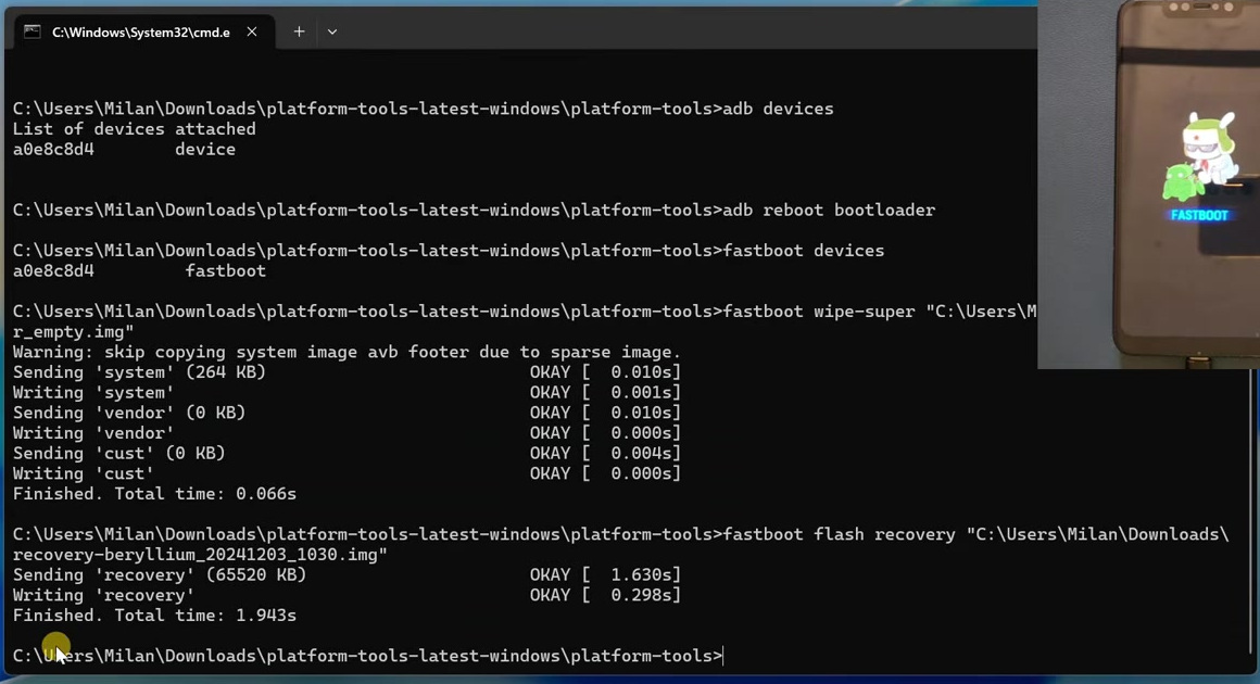 Fastboot wipe-super and recovery flash completed for PixelOS
