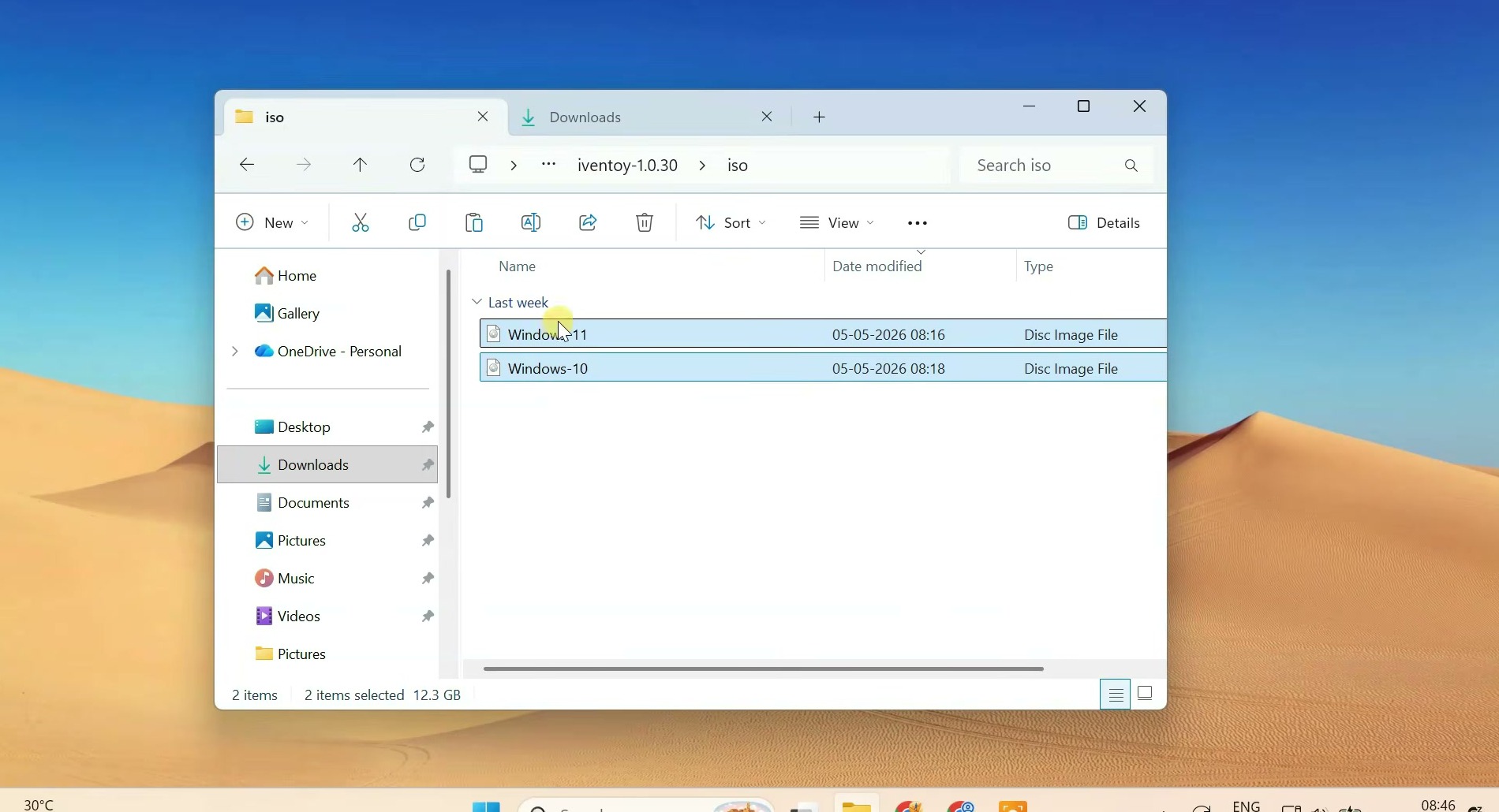 Windows 10 and Windows 11 ISO files inside the iso folder of an extracted iVentoy package