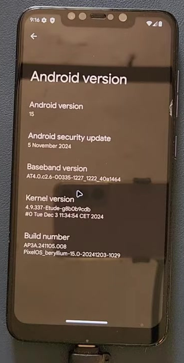POCO F1 Android version screen showing Android 15 and PixelOS build