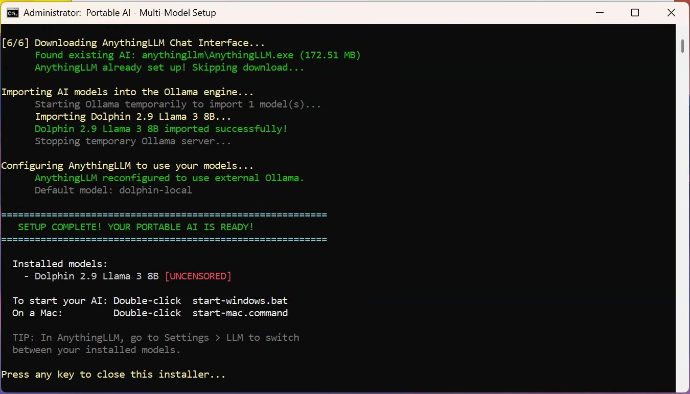 Portable AI USB command window confirming setup completed successfully