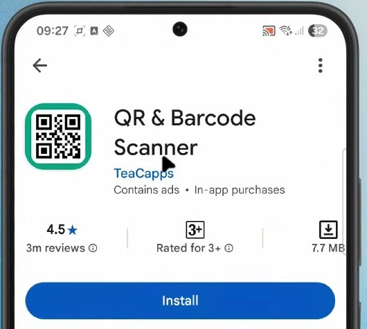 QR and Barcode Scanner by TeaCapps on Google Play with the Install button visible