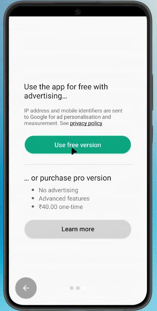QR scanner setup screen with the Use free version button