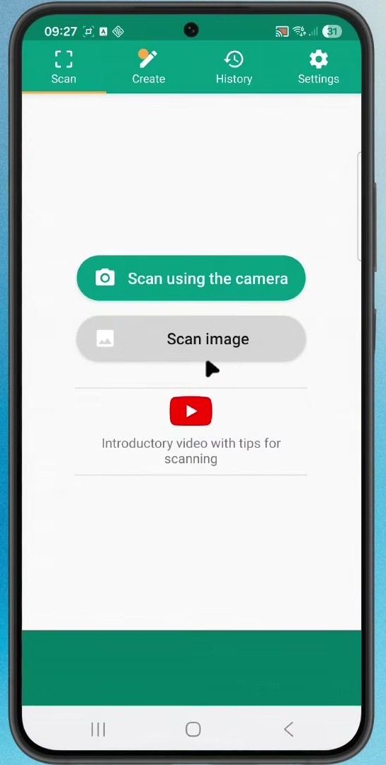 QR scanner home screen with the Scan image option