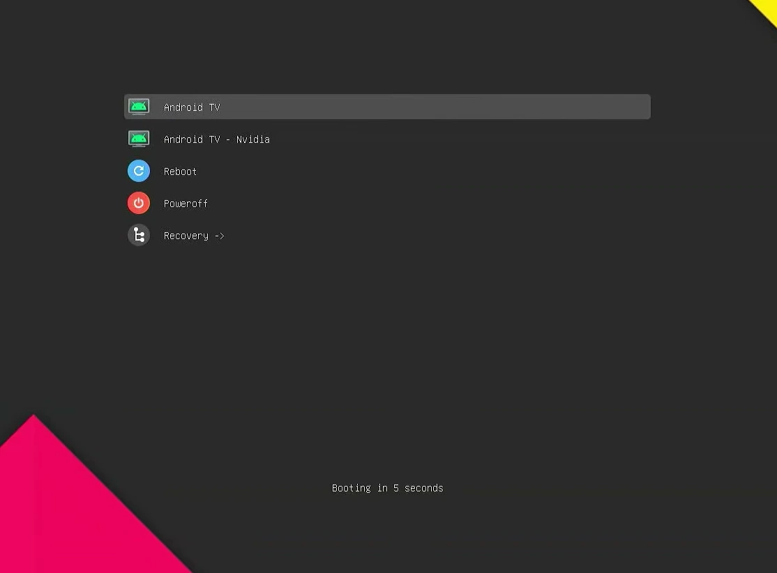 Android TV boot menu with normal Android TV and Android TV Nvidia options