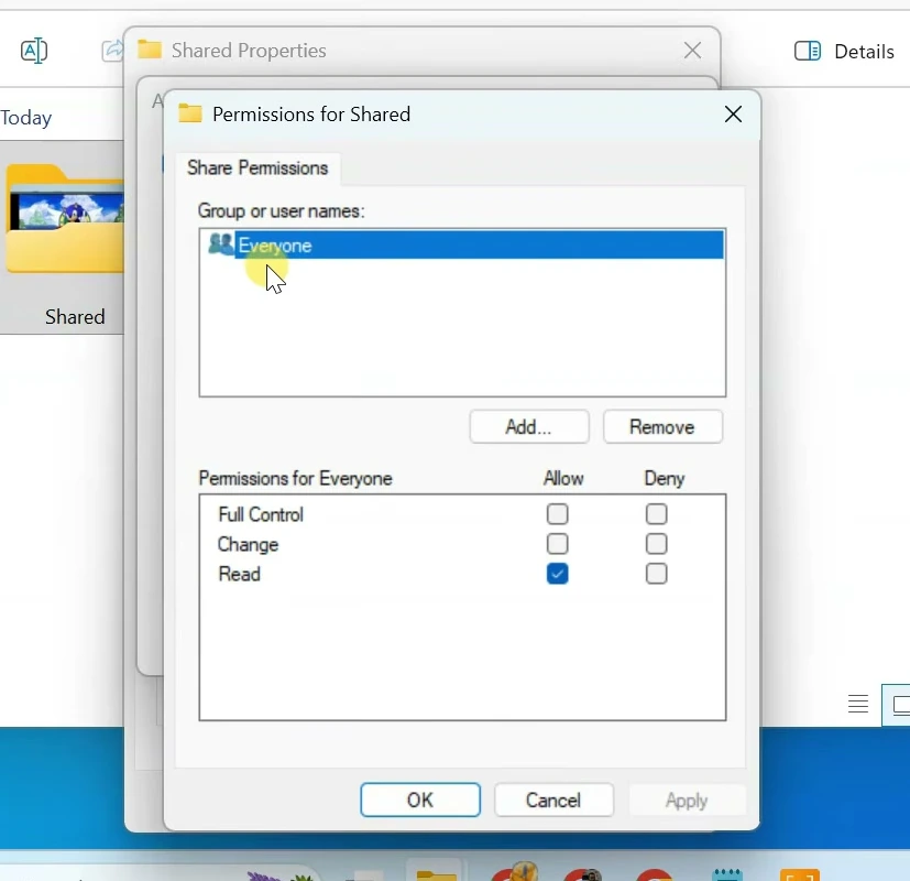 Share Permissions dialog showing the default Everyone account selected for the Shared folder.