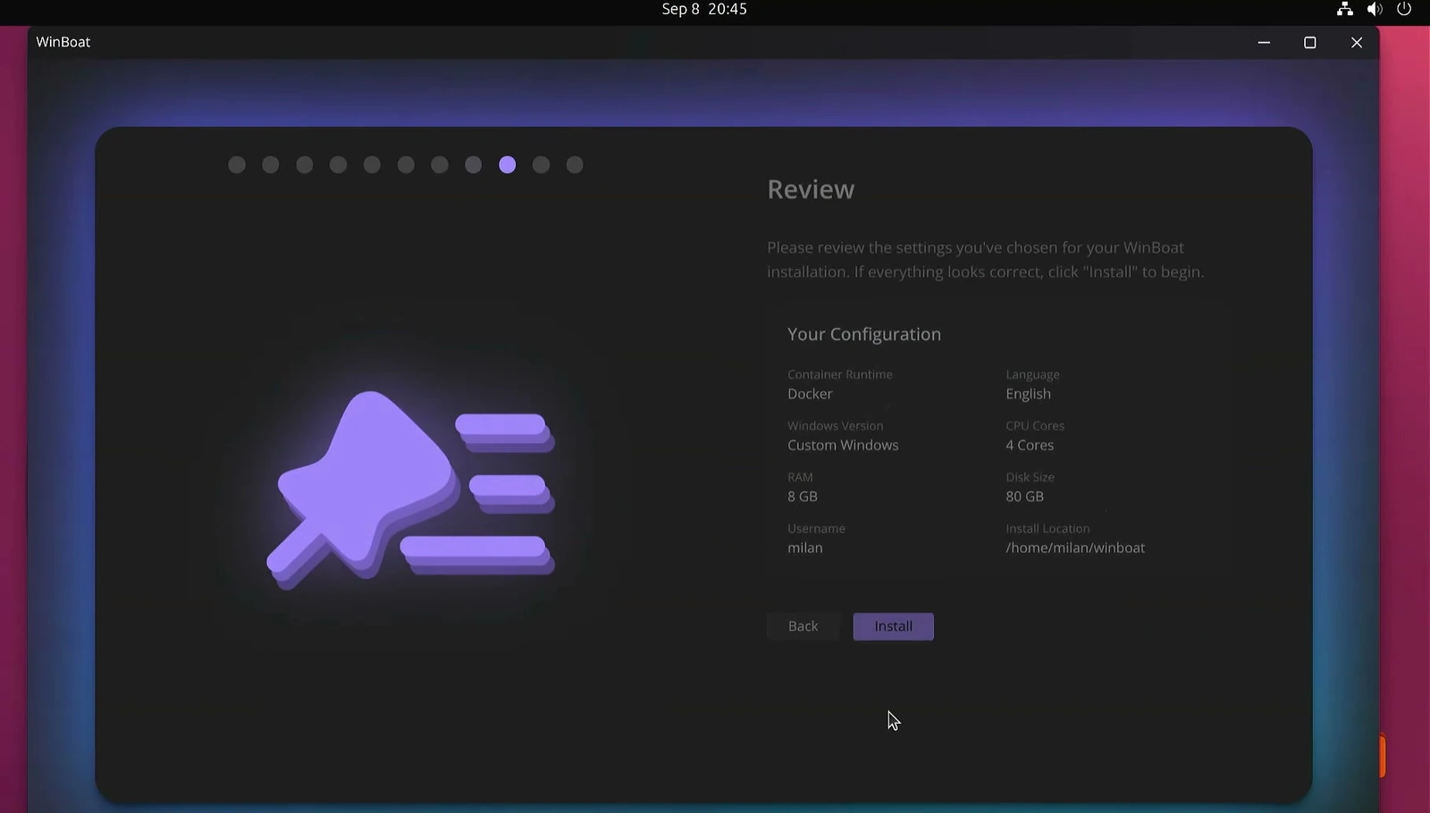 WinBoat review screen summarizing Docker, custom Windows, CPU, RAM, disk, and install location