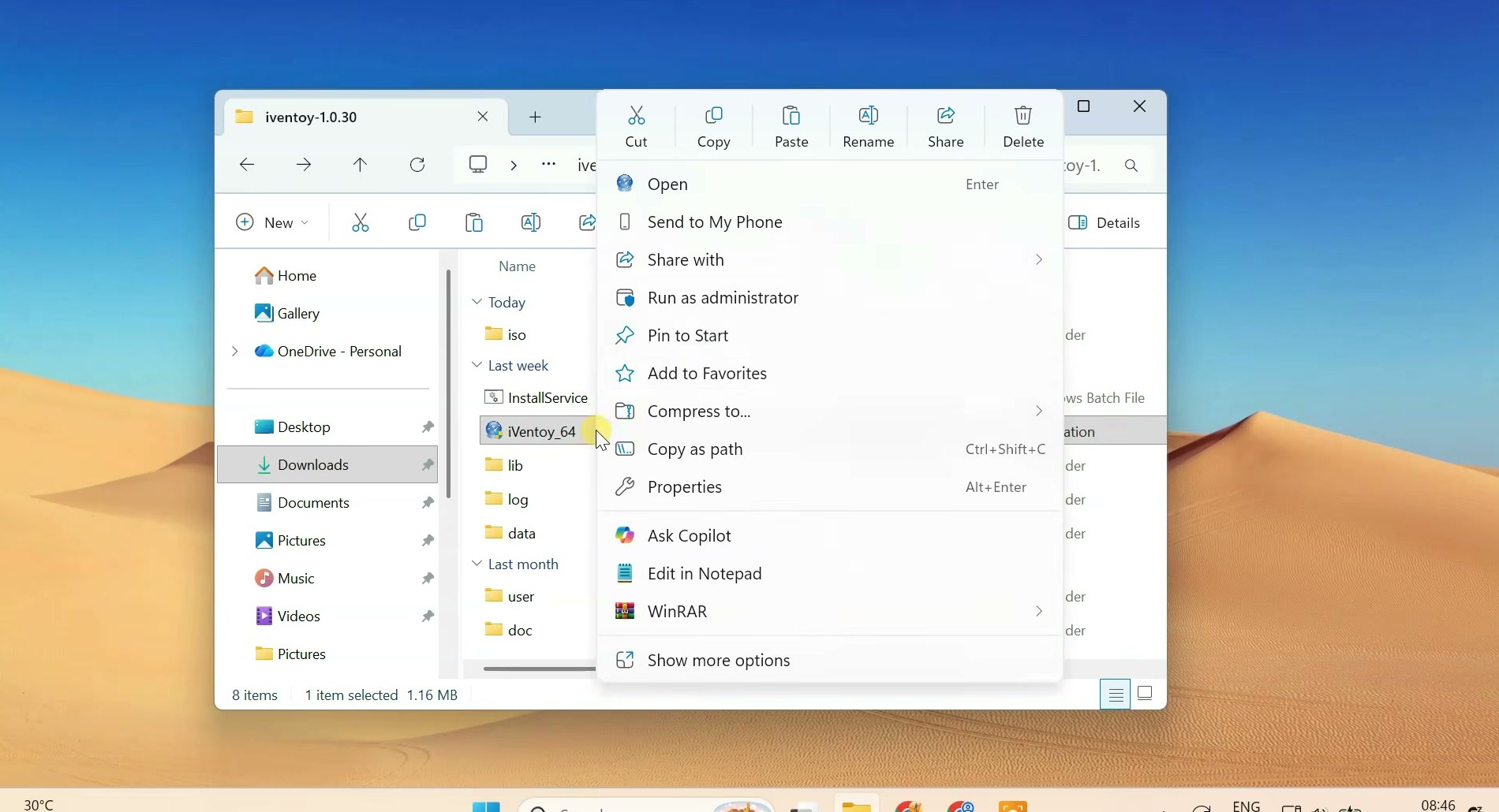 Windows context menu for iVentoy with Run as administrator selected