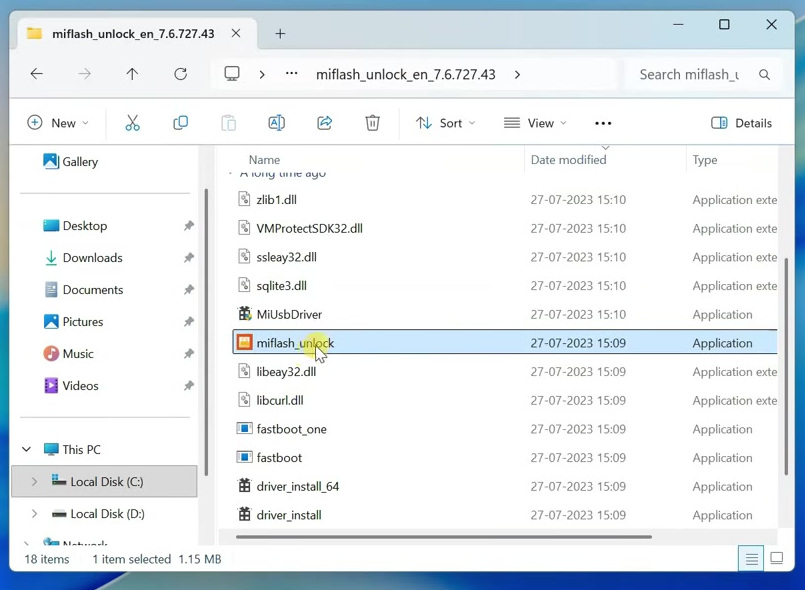 Mi Unlock extracted folder with the miflash_unlock application selected