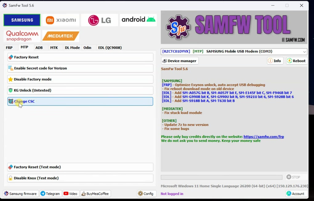 SamFW Tool MTP tab with the Change CSC option highlighted