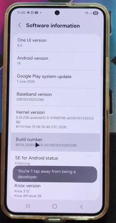 Samsung Software information screen with Build number and developer mode message