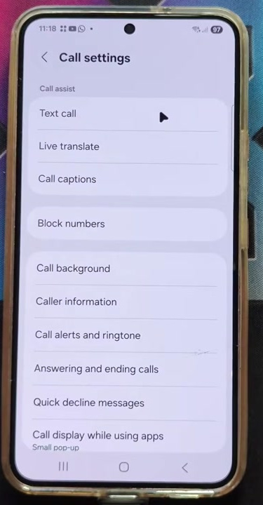 Samsung Call settings before the Record calls option is enabled