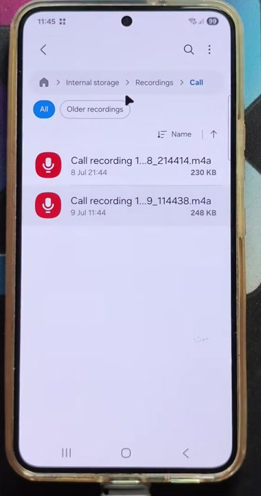 Saved Samsung call recordings in the Internal storage Recordings Call folder