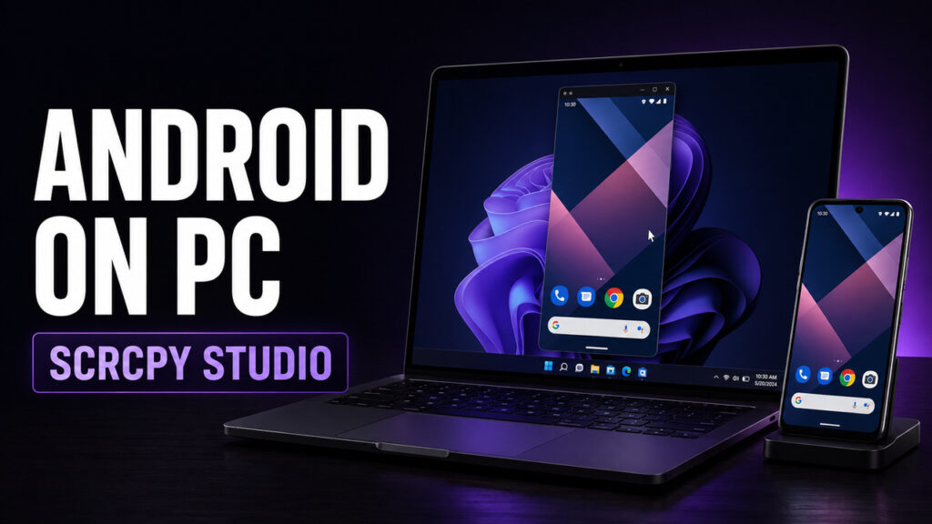 Android phone mirrored on a Windows laptop with SCRCPY Studio
