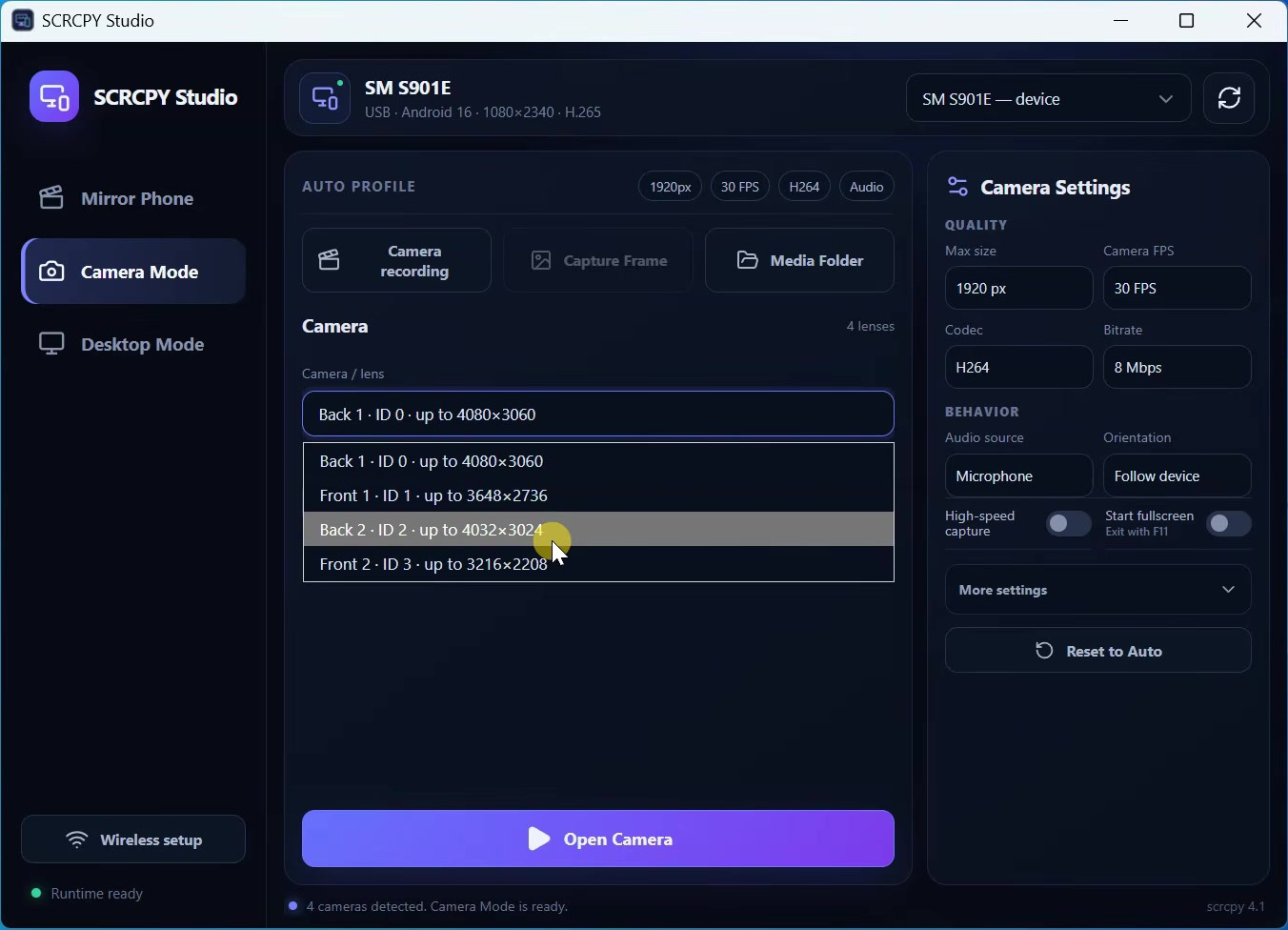 SCRCPY Studio Camera Mode showing available lenses and camera settings