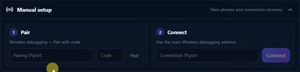 Separate pairing and connection fields in SCRCPY Studio manual wireless setup