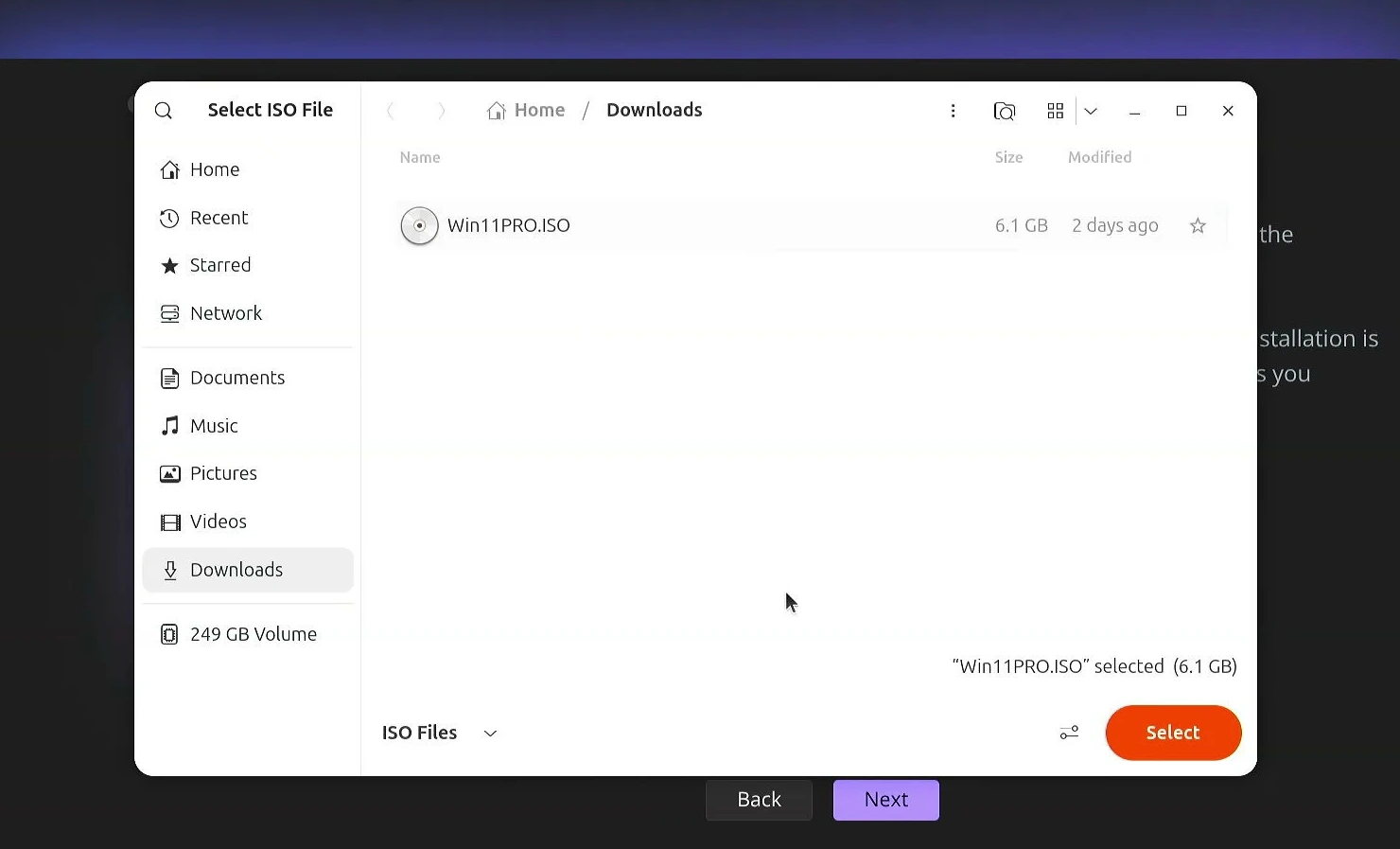File picker in WinBoat with Win11PRO.ISO selected in the Downloads folder