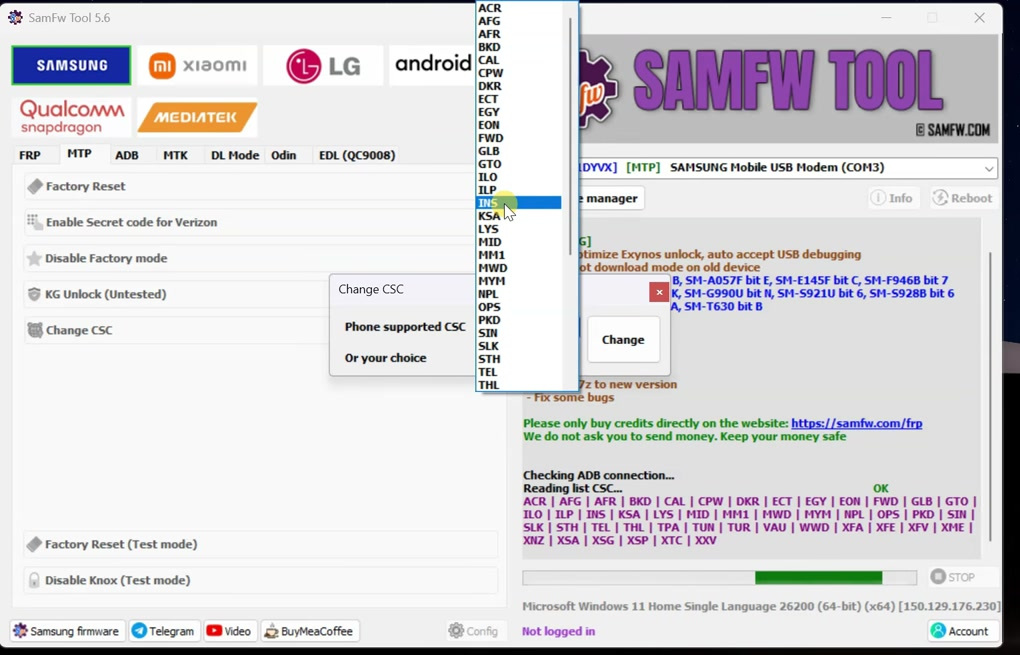INS selected from the CSC list in SamFW Tool
