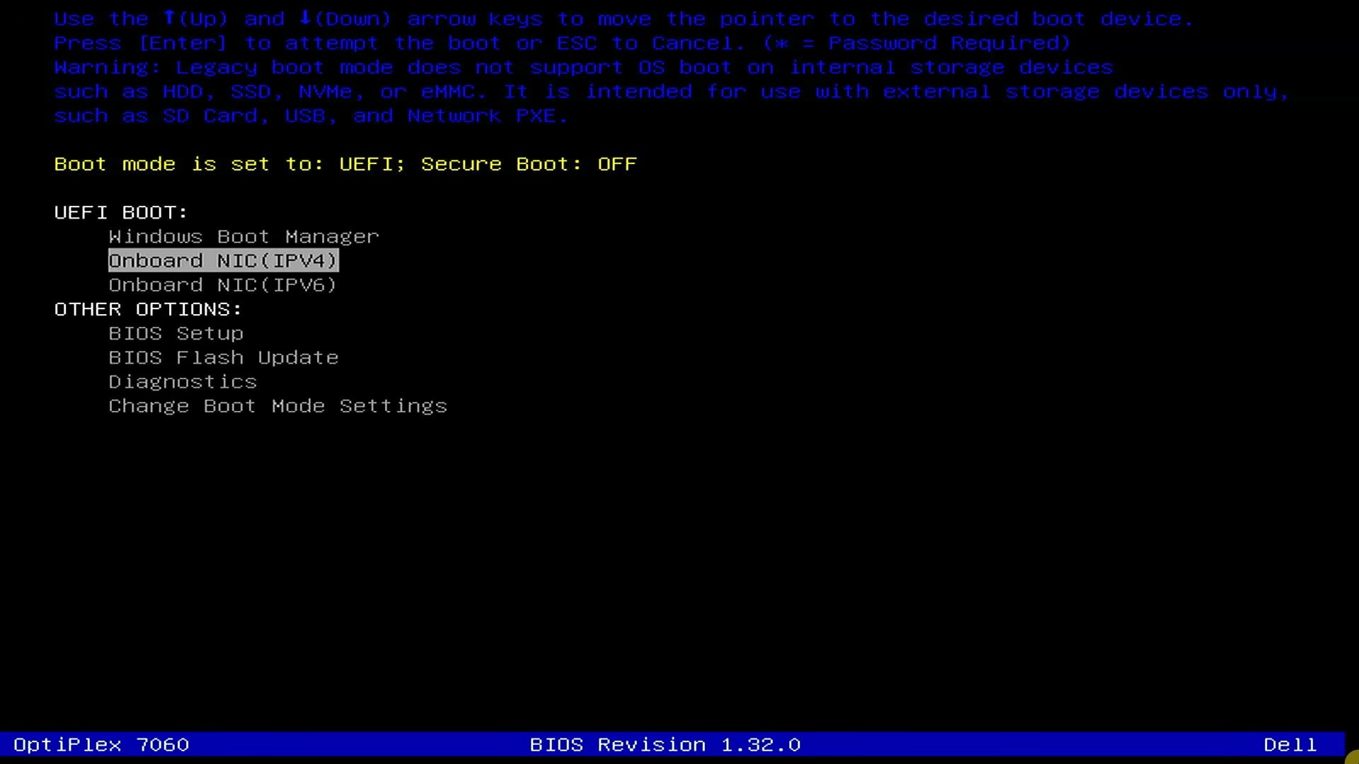 Dell UEFI boot menu with Onboard NIC IPv4 highlighted