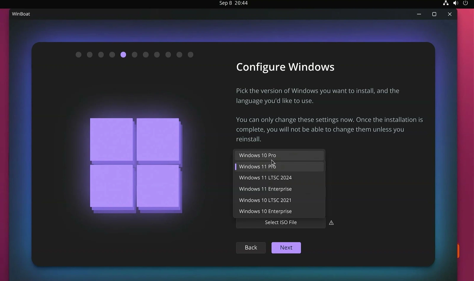 WinBoat Configure Windows screen with Windows editions and the Select ISO File option