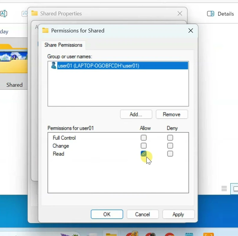 Share Permissions dialog with user01 selected and Allow checkboxes for Full Control, Change, and Read.