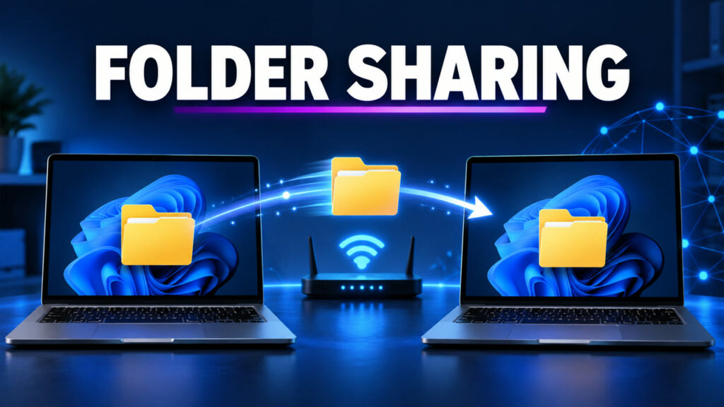 Two Windows laptops sharing a folder over Wi-Fi with the text Folder Sharing