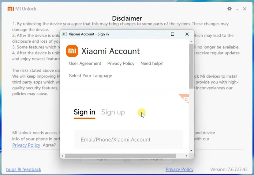 Xiaomi Account sign-in window inside the Mi Unlock Tool