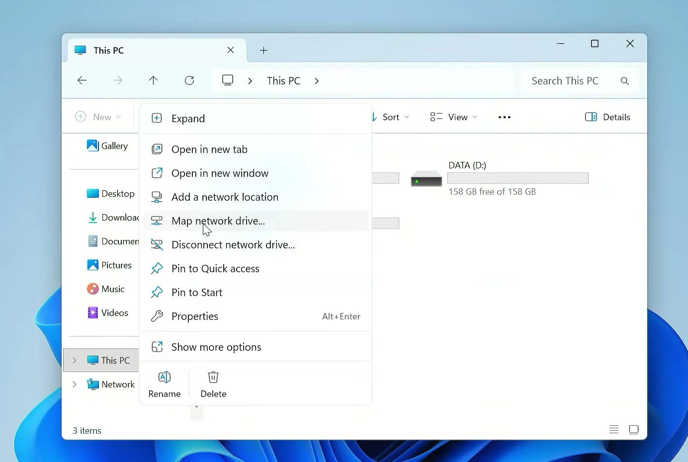 File Explorer This PC context menu with Map network drive highlighted.