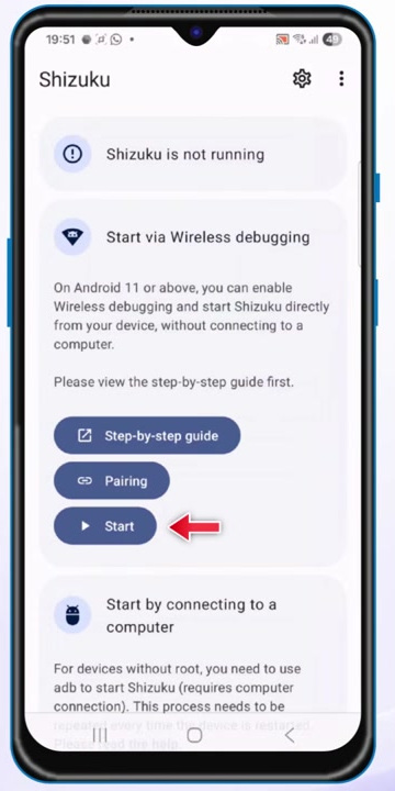 Start button highlighted in Shizuku after wireless pairing