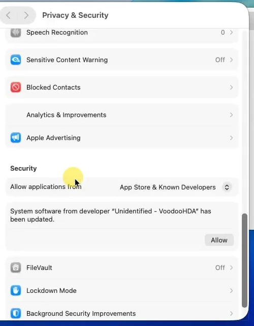 macOS Privacy and Security with the Allow button for the VoodooHDA system software