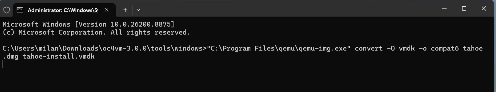 Command Prompt running qemu-img to convert tahoe.dmg to tahoe-install.vmdk