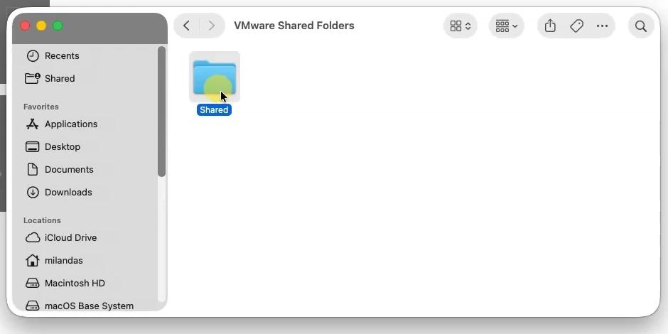 Finder VMware Shared Folders window showing the Windows folder named Shared