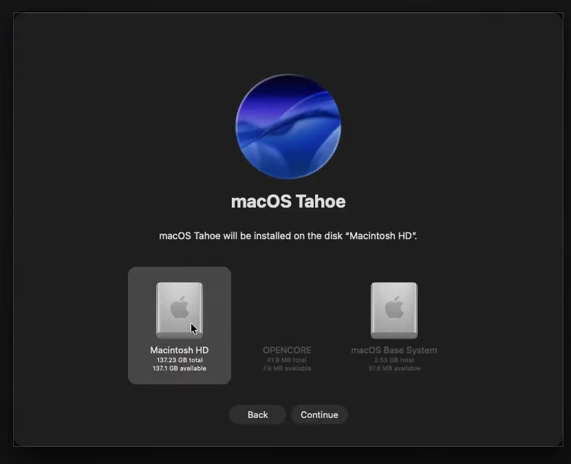 macOS Tahoe installer with Macintosh HD selected as the destination