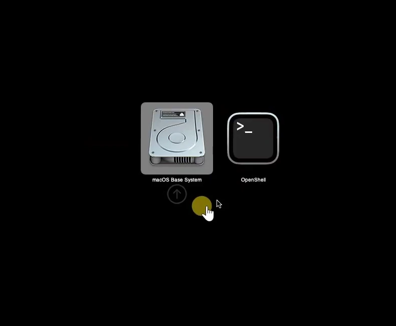 OpenCore boot menu with macOS Base System selected next to OpenShell
