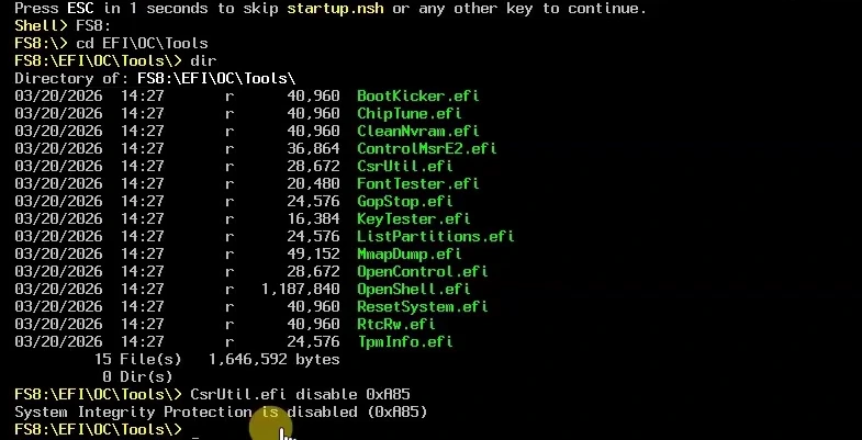 OpenShell showing FS8 and CsrUtil.efi disable 0xA85 with the resulting SIP status