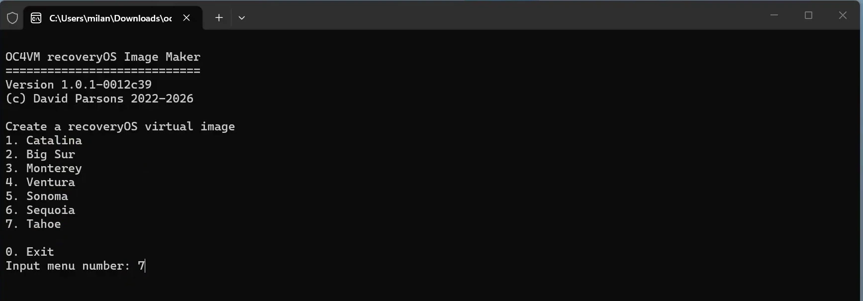recoveryOS menu with option 7 selected for macOS Tahoe
