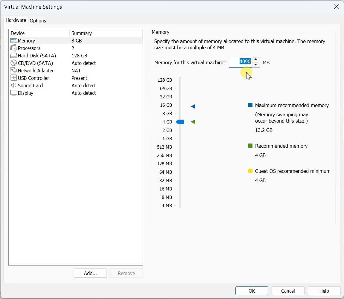 VMware virtual machine memory settings with approximately 4 GB entered