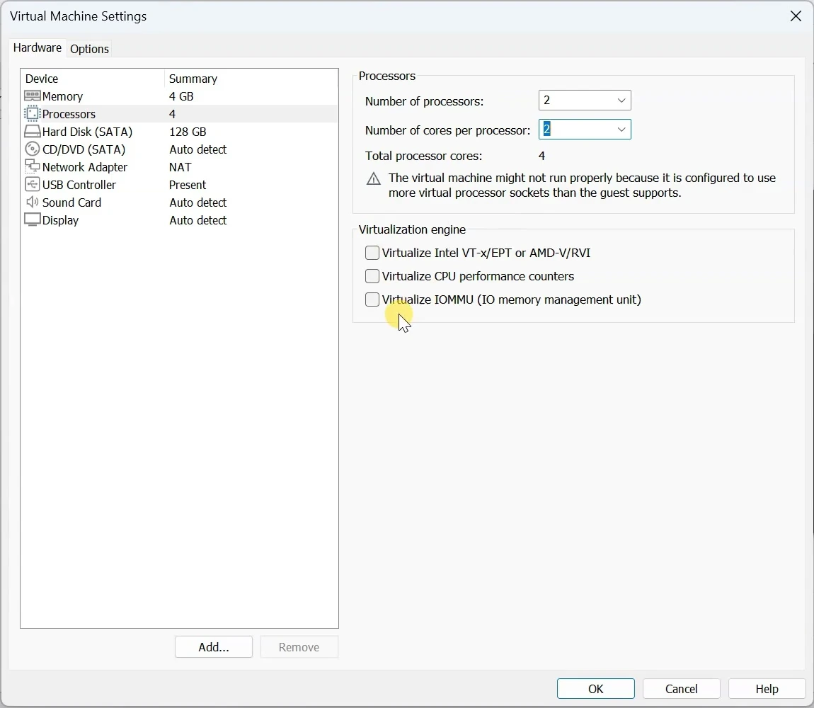VMware processor settings showing two processors and two cores per processor