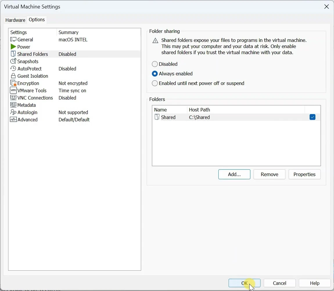 VMware Shared Folders settings with Always enabled selected and C Shared added